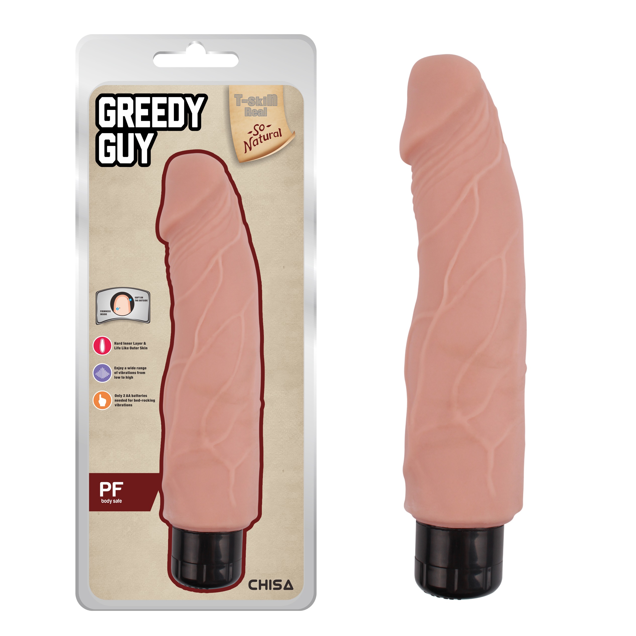 Вібромасажер із кібершкіри Chisa T-skin ReaL Greedy Guy на батарейках, бежевий