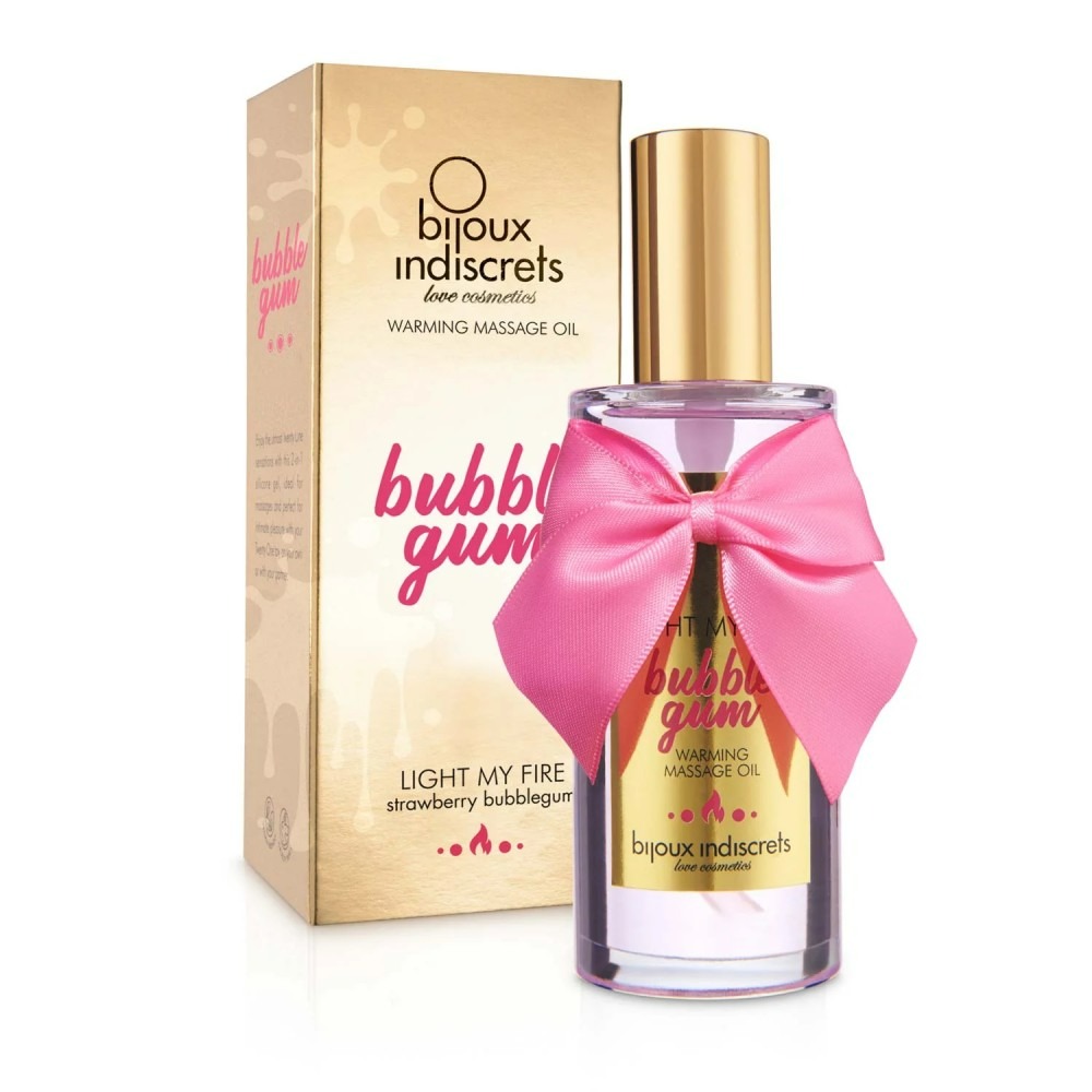 Зігріваюча масажна олія для поцілунків Bijoux Light My Fire з ароматом і смаком полуничної жуйки