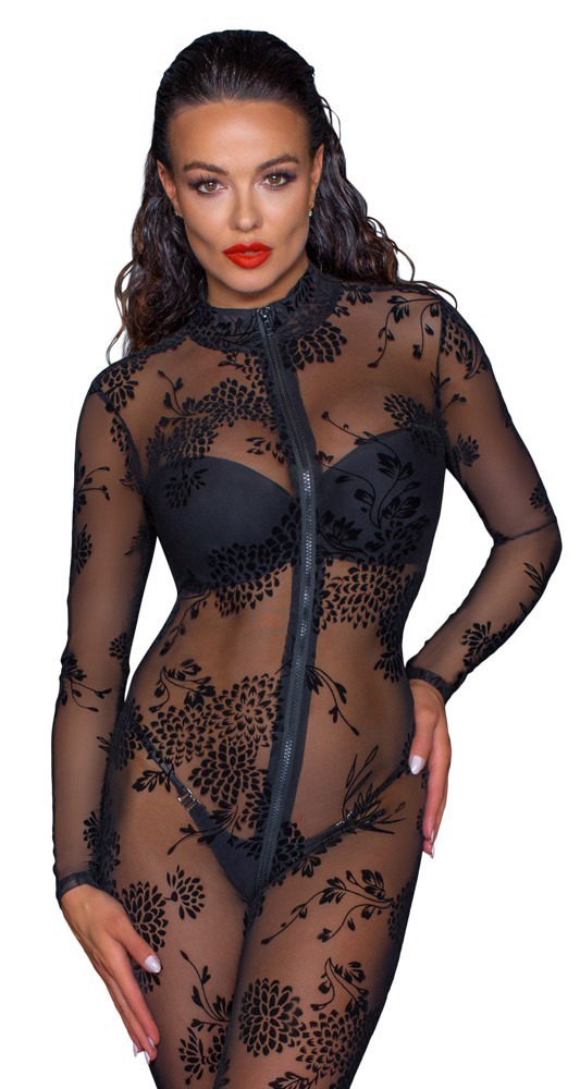 Комбинезон сексуальный полупрозрачный L F237 Noir Handmade, с узором и молнией