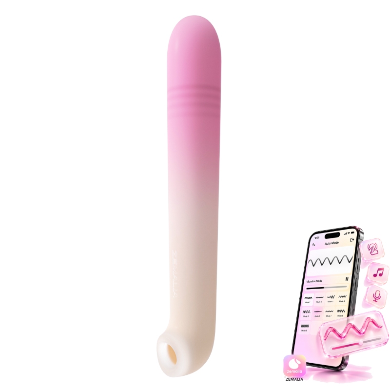 Двойной вибратор Zemalia Arousal с фрикцией и вакуумным стимулятором + APP, градиент розовый
