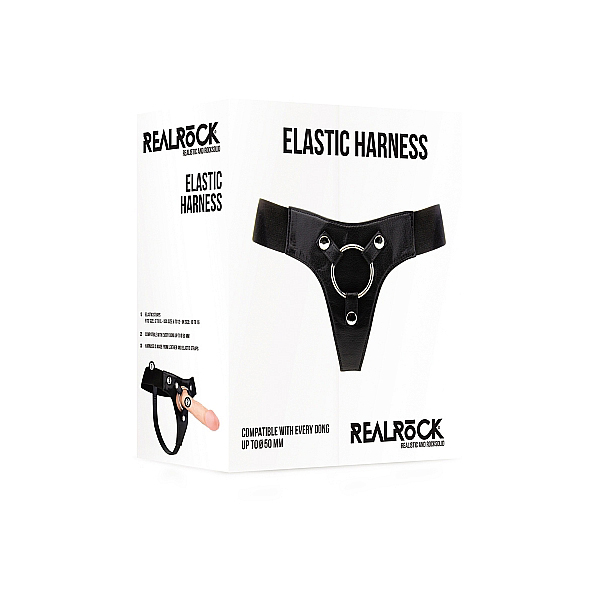 Трусики для страпона REALROCK Elastic Harness з кільцем, шкіряні, чорні, One Size (S-XL)