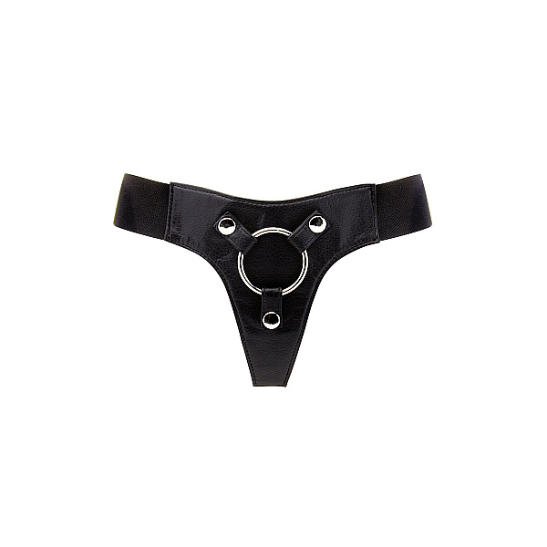 Трусики для страпона REALROCK Elastic Harness з кільцем, шкіряні, чорні, One Size (S-XL)