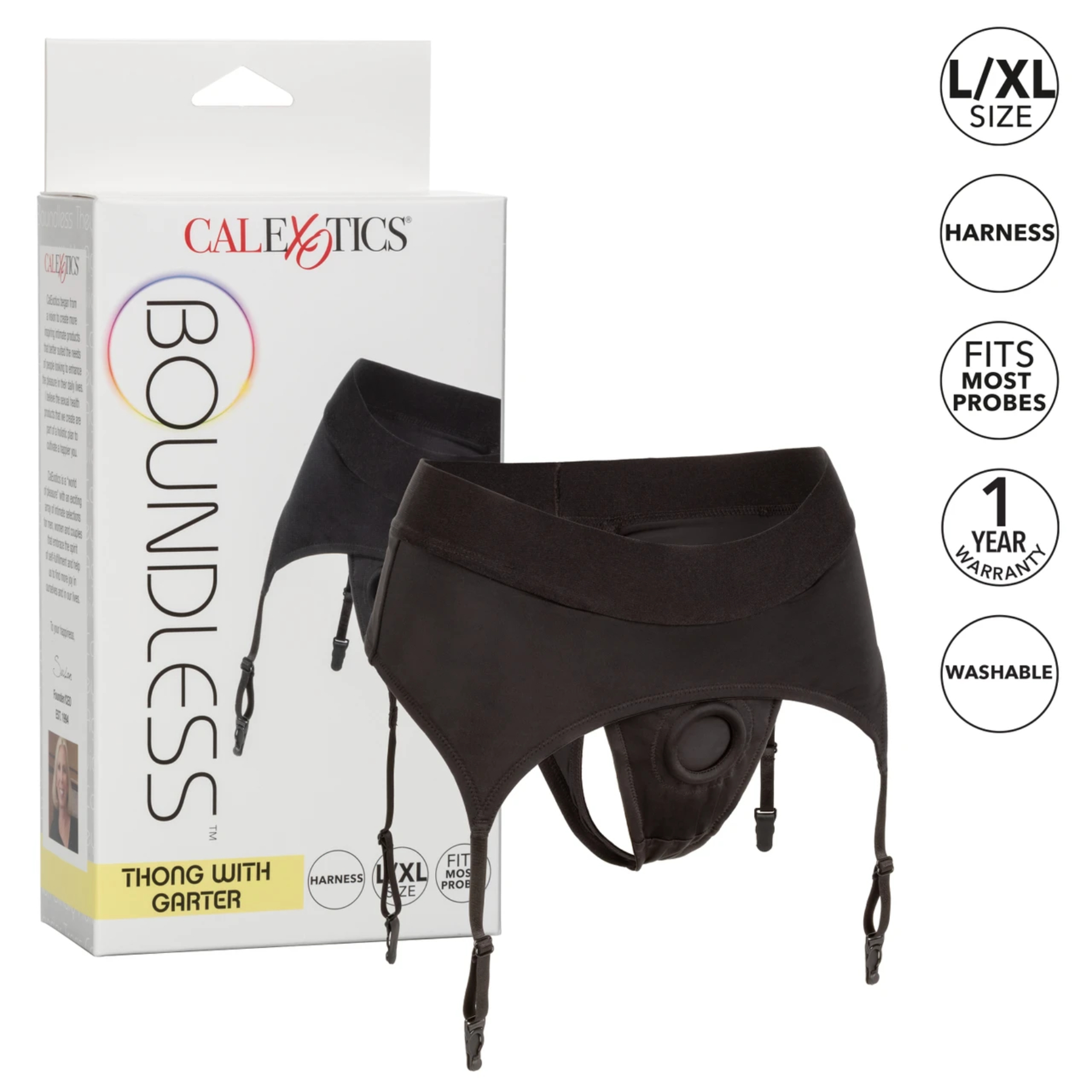 Трусики-стринги для страпона с креплениями для чулок CalExotics Boundless, чёрные, L/XL