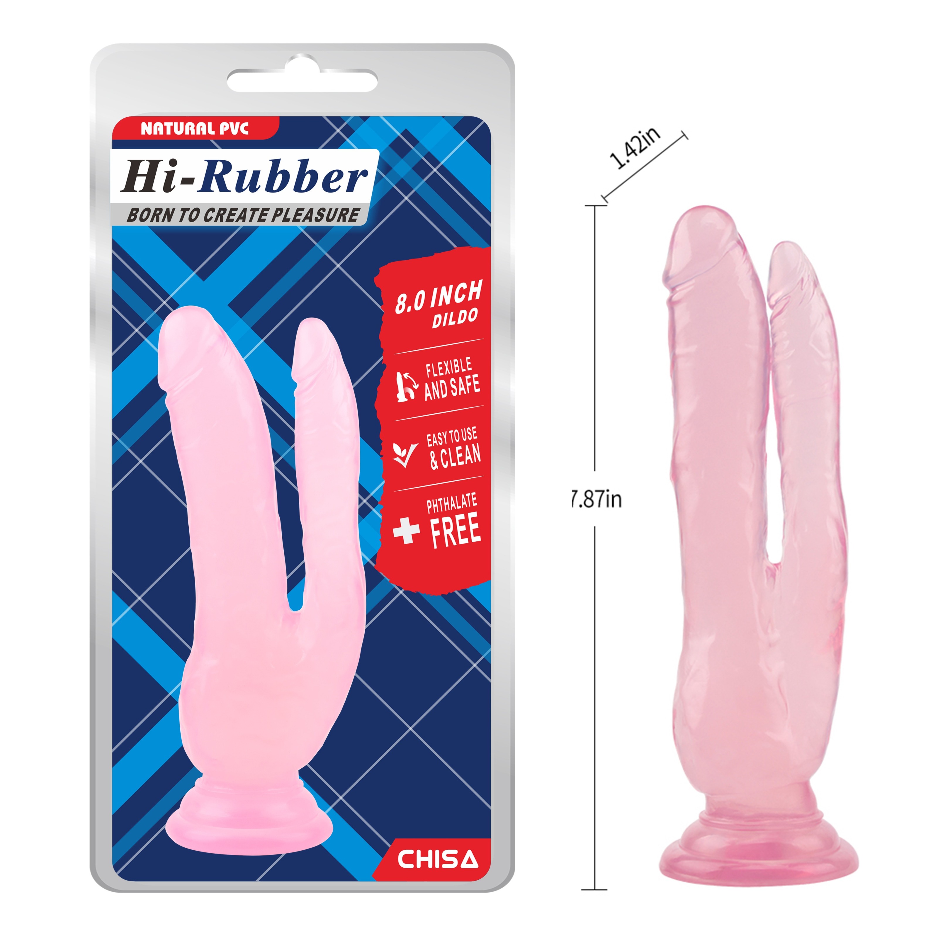 Фалоімітатор подвійний Chisa Hi-Rubber 8.0 на присосці, рожевий