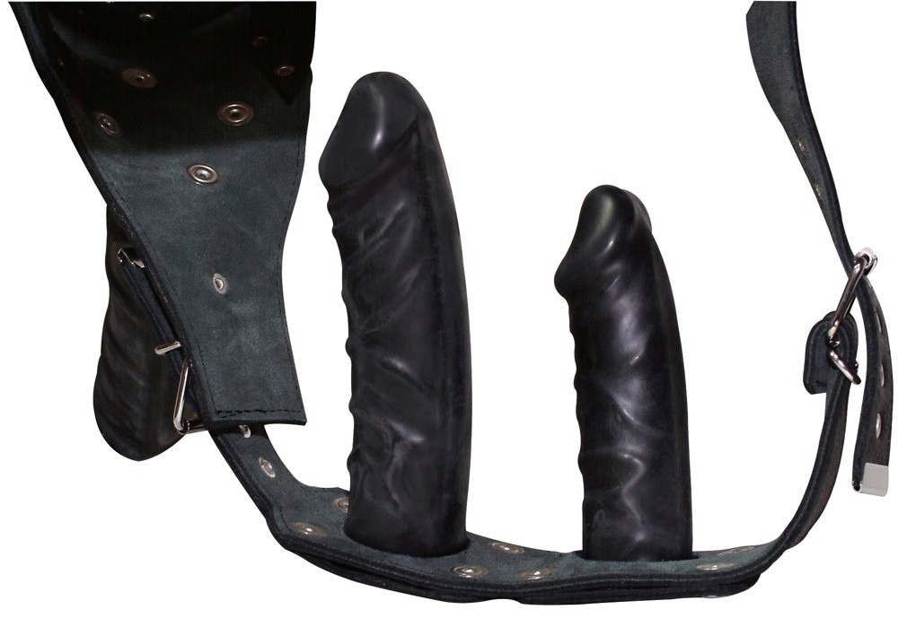 Страпон ZADO Fetish зі шкіри з трьома фалоімітаторами, чорний, розмір S/M