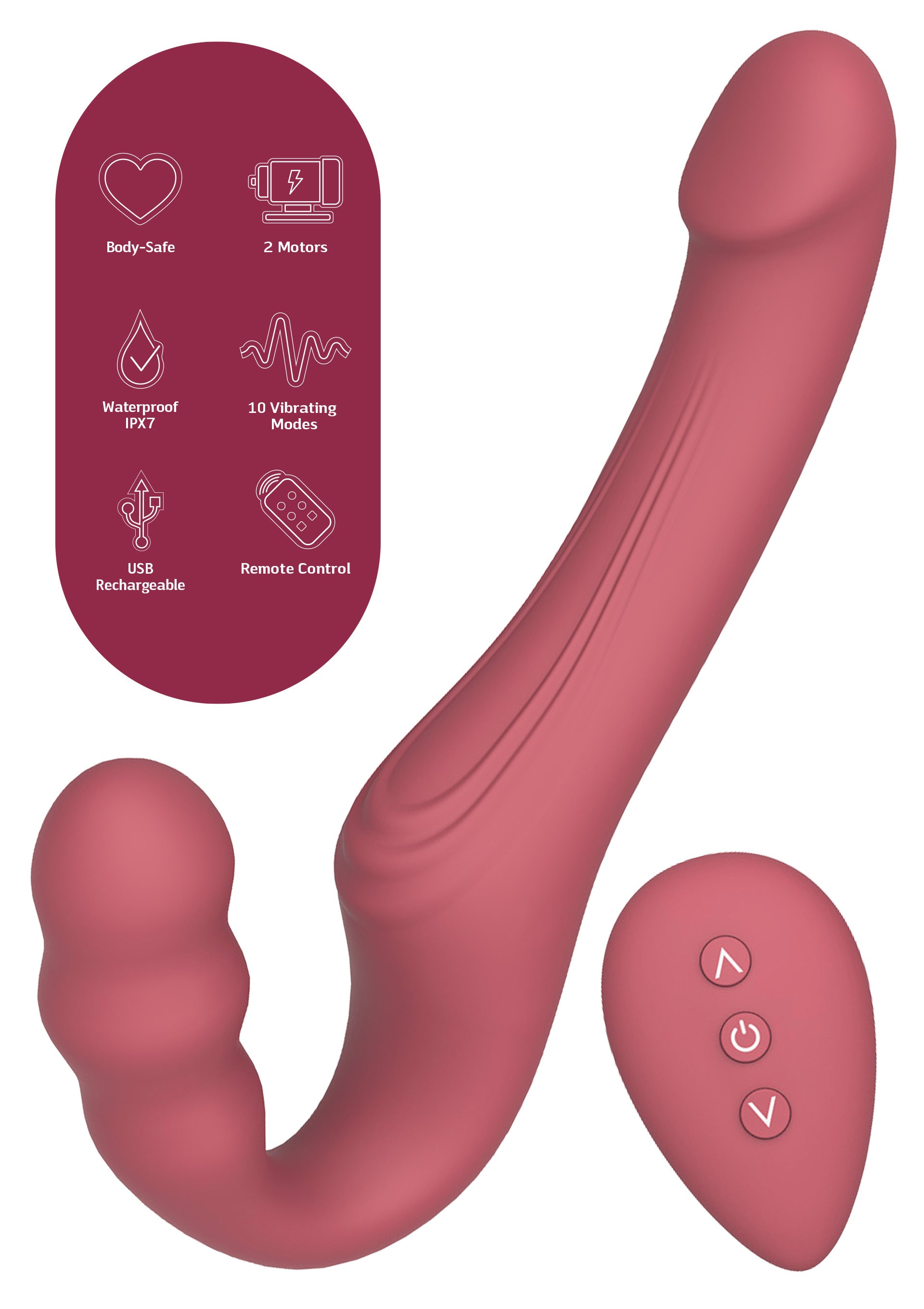 Безремневий страпон із вібрацією та пультом She.E.O Strapless Strap-On, рожевий, 22 × 3,5 см