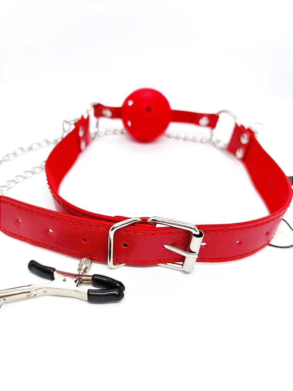 Кляп DS Fetish Ball gag with nipple clamps red
