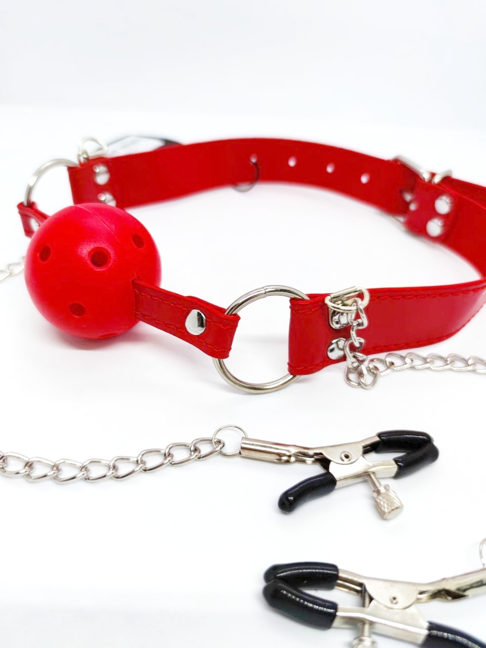Кляп DS Fetish Ball gag with nipple clamps red