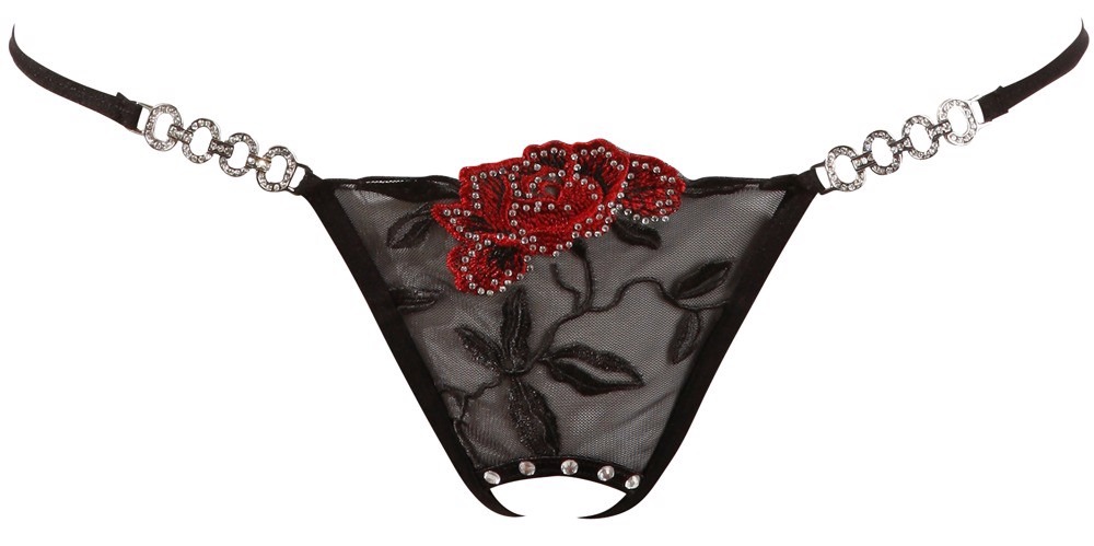Стринги сексуальні Cottelli Collection String Rose з вишивкою та імітацією шнурівки, чорні, M/L