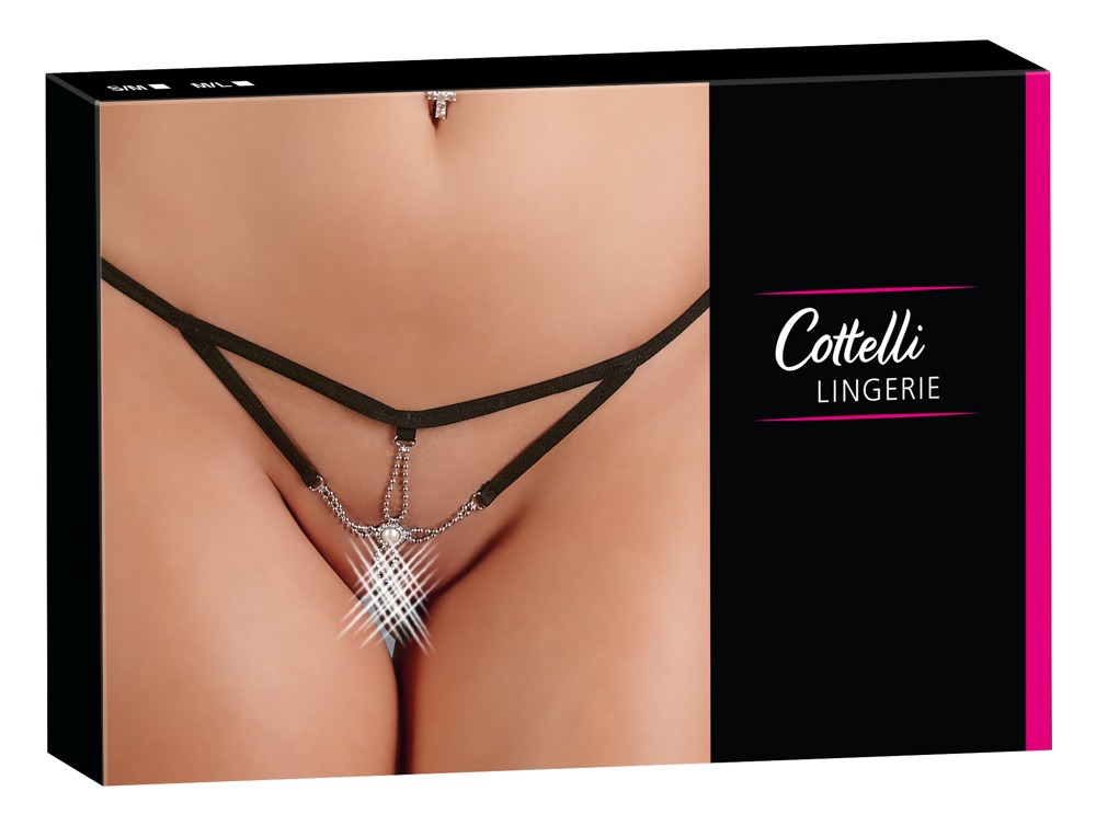 Стрінги сексуальні Cottelli Collection Starfish з декоративними намистинами та перлиною, чорні, S/M