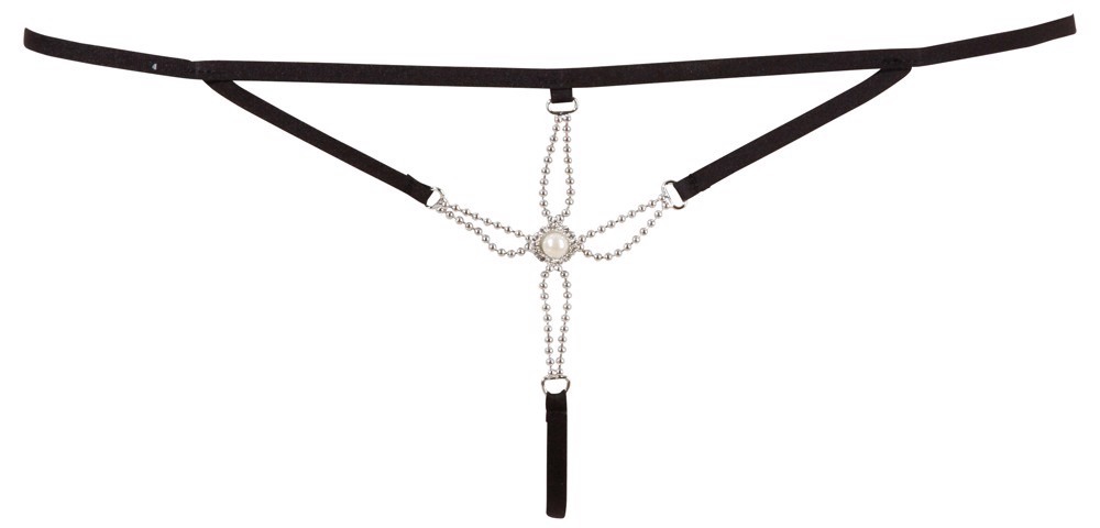 Стрінги сексуальні Cottelli Collection Starfish з декоративними намистинами та перлиною, чорні, S/M