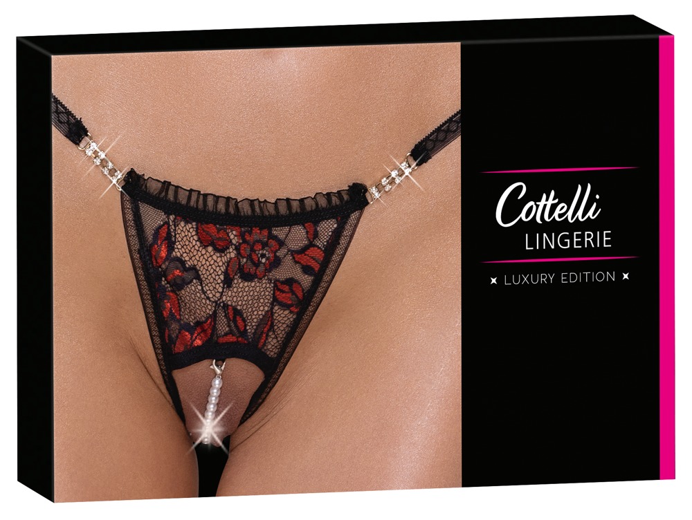 Стринги с жемчужинами в открытом доступе для стимуляции Cottelli Collection, черные, S/M