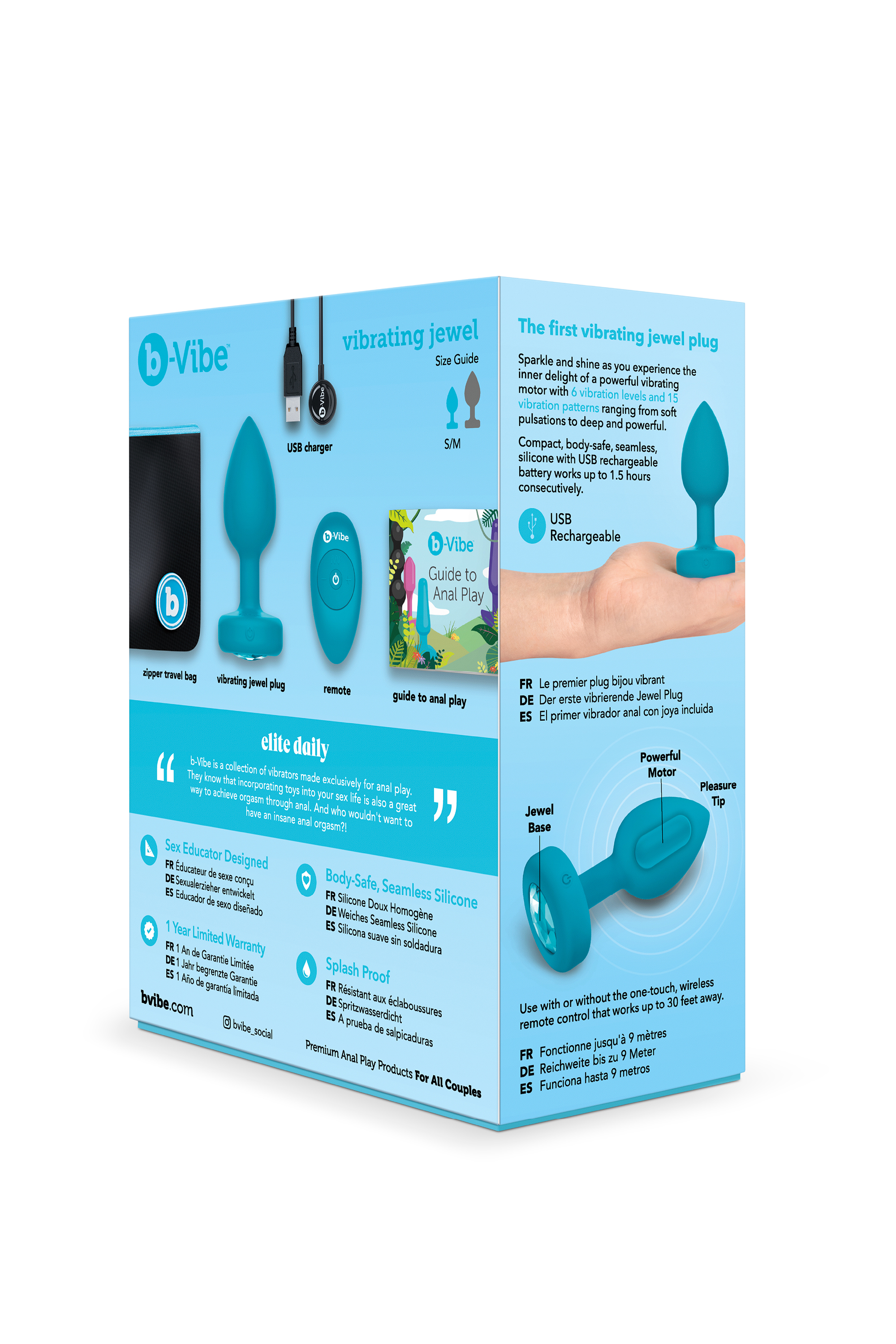 Анальна пробка з вібрацією та каменем B-Vibe - Vibrating Jewel Plug S/M, синя