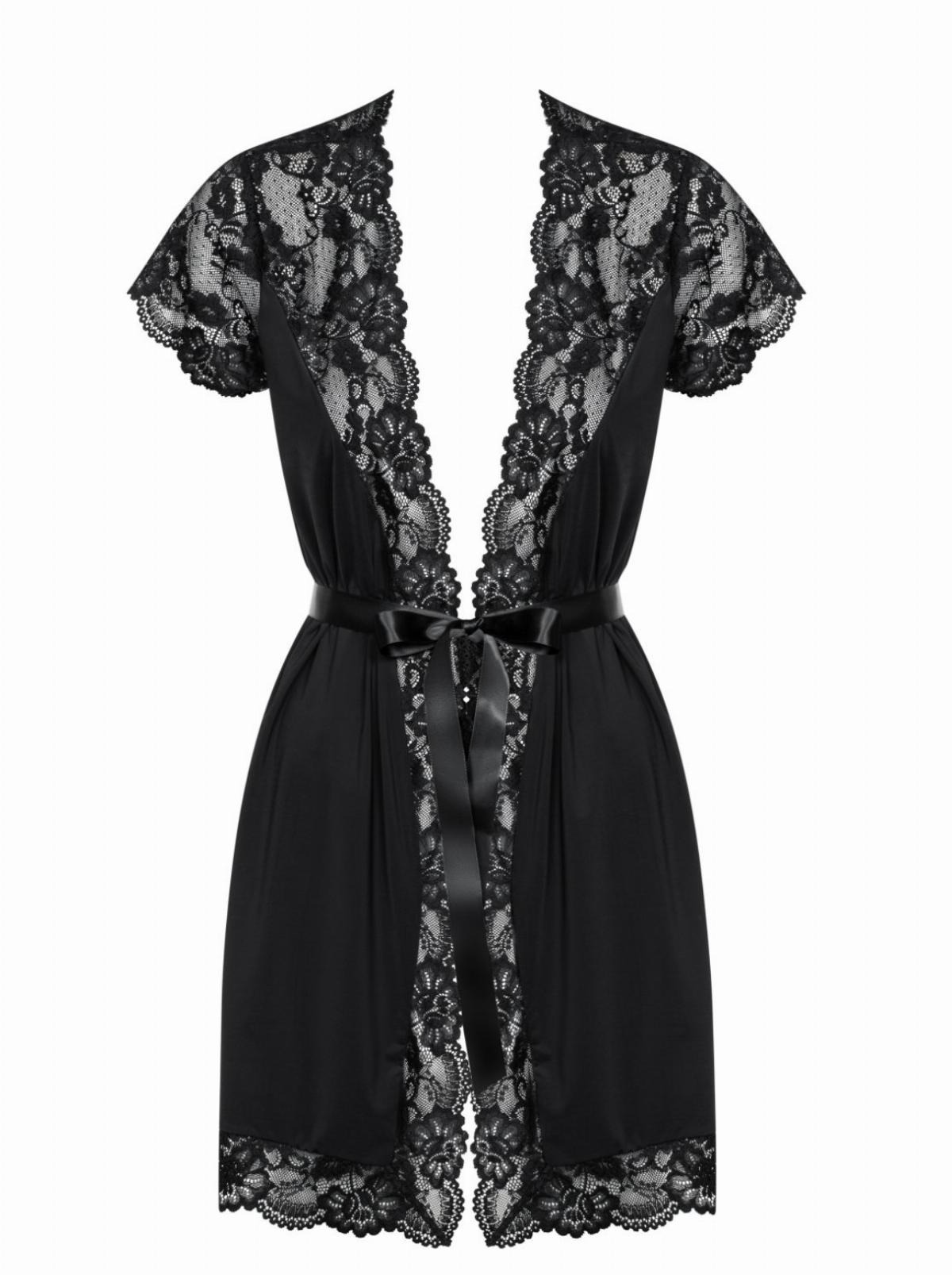Халат атласний Obsessive 810-PEI-1 з мереживом, чорний, S/M