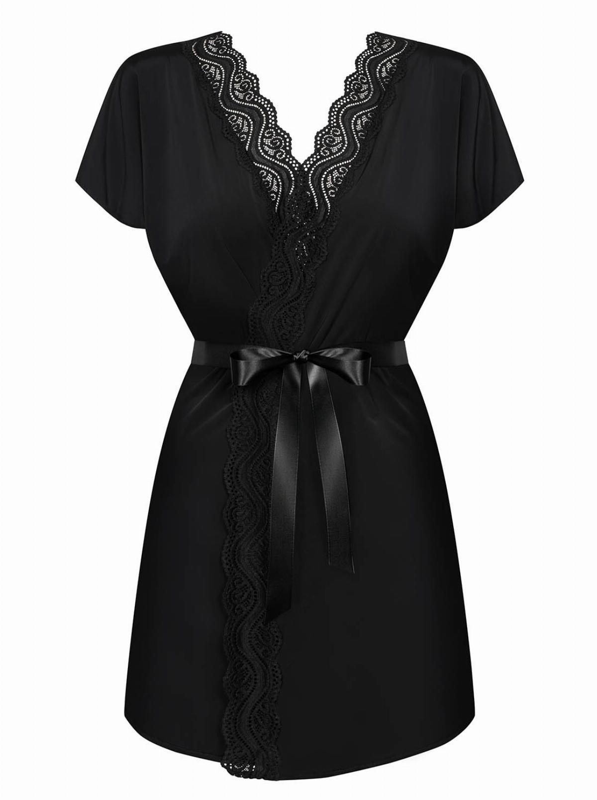 Халат атласний Obsessive 810-PEI-1 з мереживом, чорний, S/M