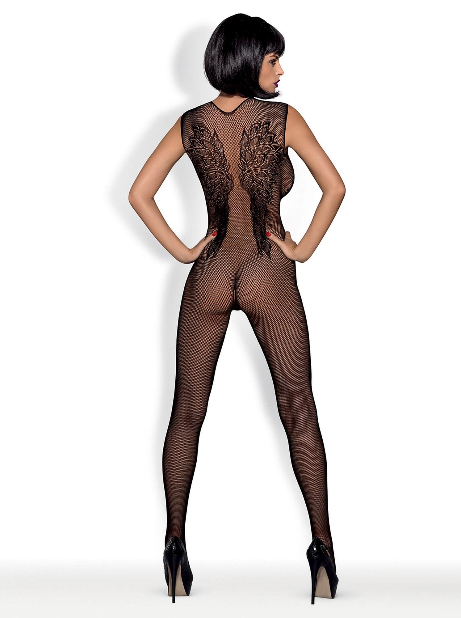 Комбінезон Obsessive з малюнком крил Bodystocking N112, чорний S\M