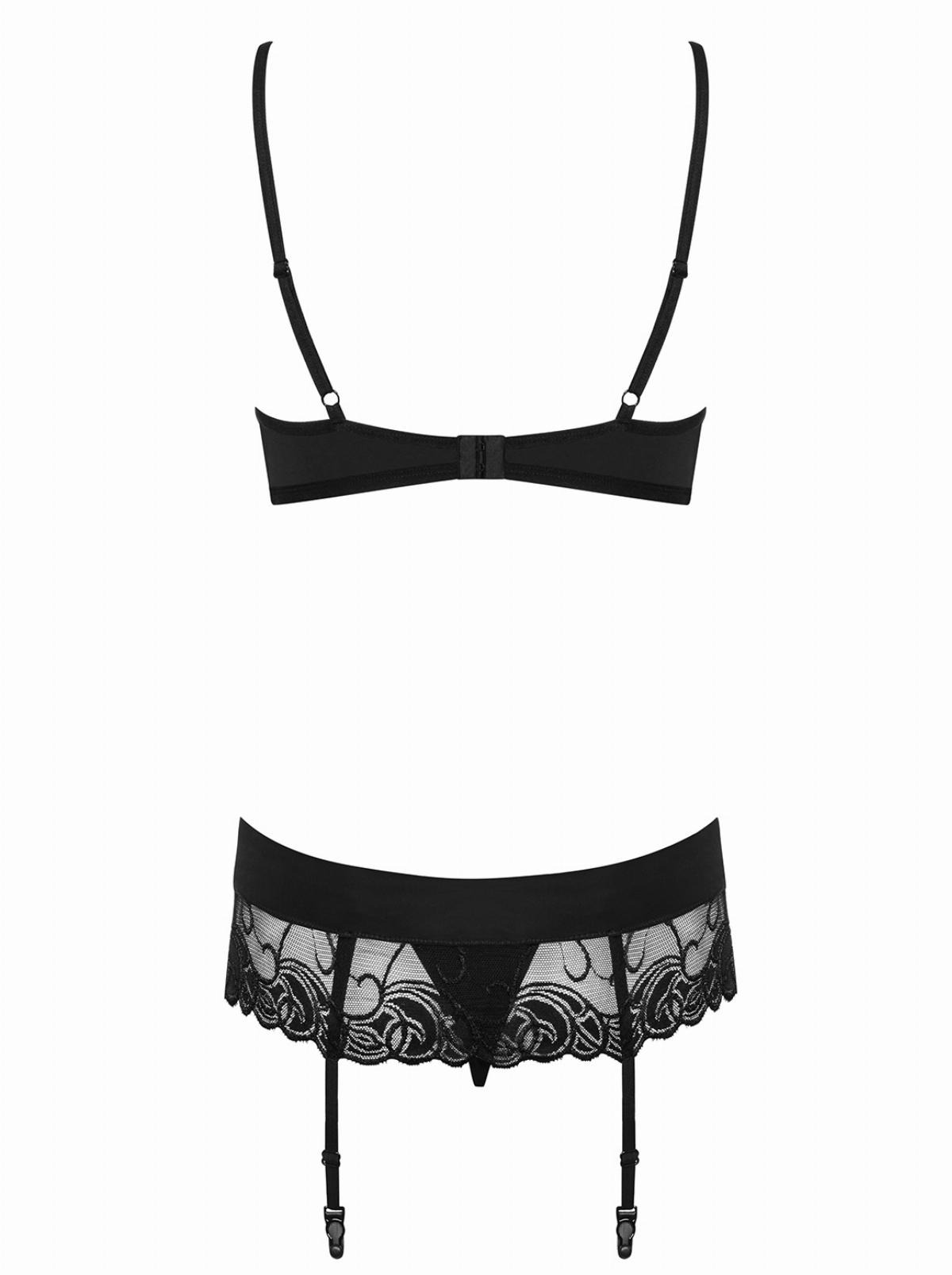 Комплект кружевной Obsessive Wonderia с декоративными стрепами, черный, S/M