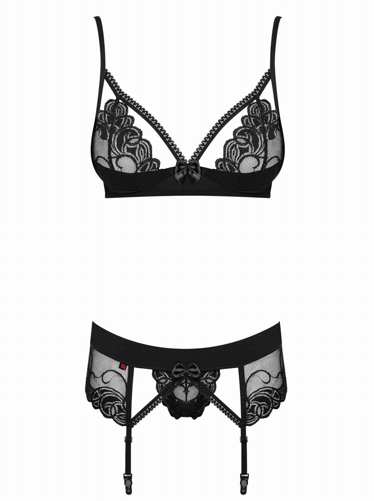 Комплект кружевной Obsessive Wonderia с декоративными стрепами, черный, S/M