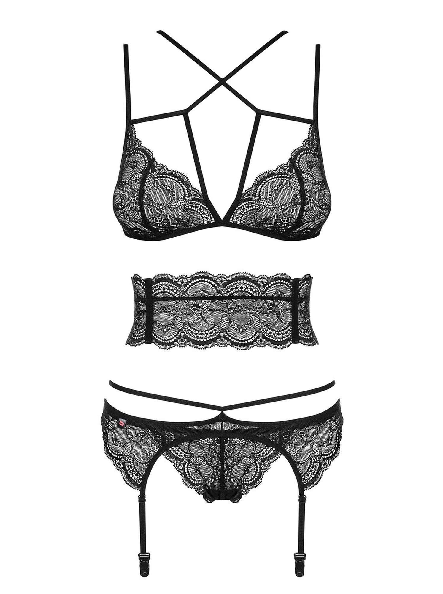 Комплект белья с множеством бретелей Obsessive Frivolla, черный, S/M