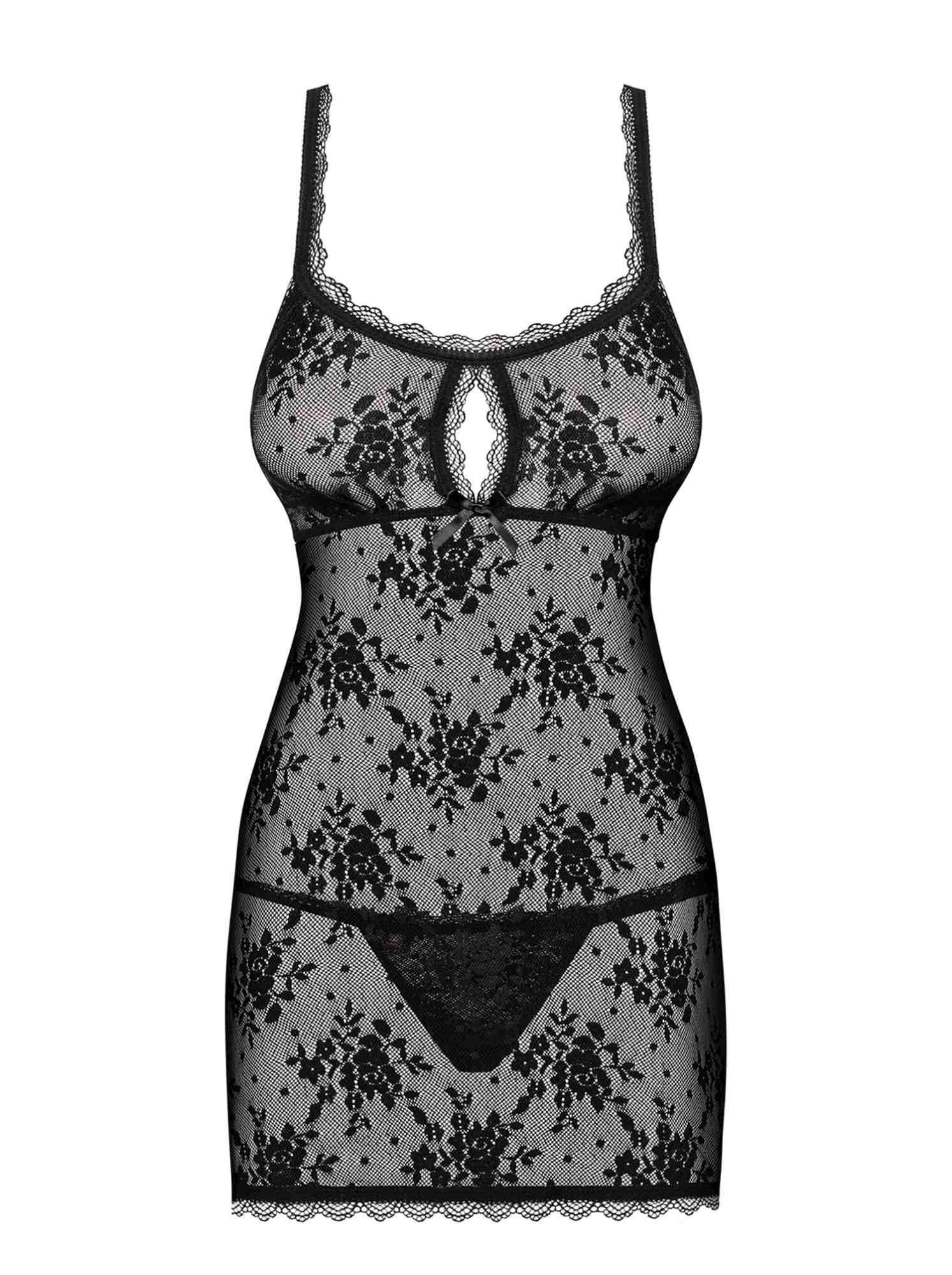 Сорочка Obsessive з квіткового мережива з відкритою попою, чорний, L/XL