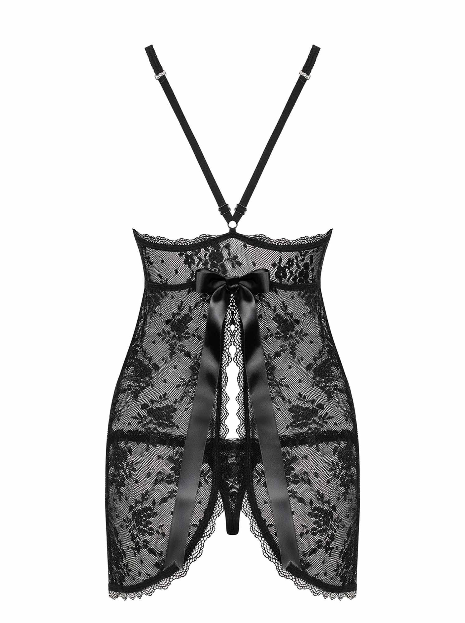 Сорочка Obsessive з квіткового мережива з відкритою попою, чорний, L/XL