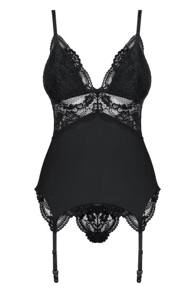 Корсет Obsessive 810-COR-1 с кружевом и пажами для чулок, черный, L/XL