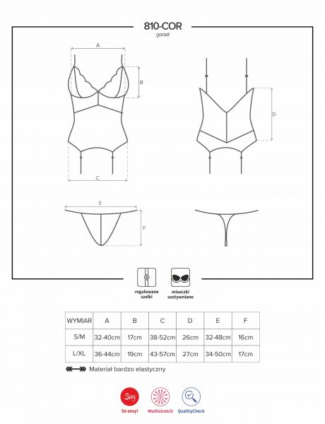 Корсет Obsessive 810-COR-1 с кружевом и пажами для чулок, черный, L/XL
