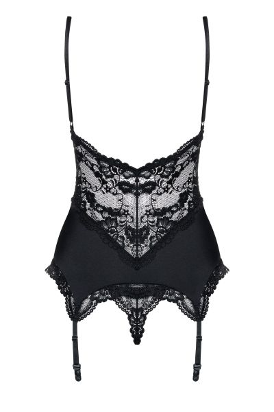 Корсет Obsessive 810-COR-1 с кружевом и пажами для чулок, черный, L/XL