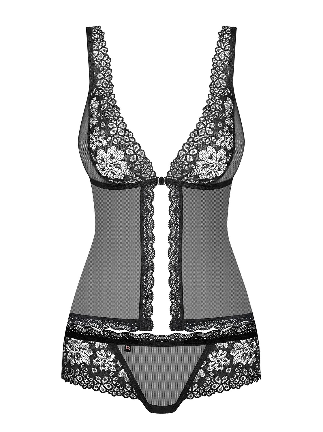Бебідол прозорий Obsessive 856-BAB-1 з квітковим гіпюром, чорний, L/XL