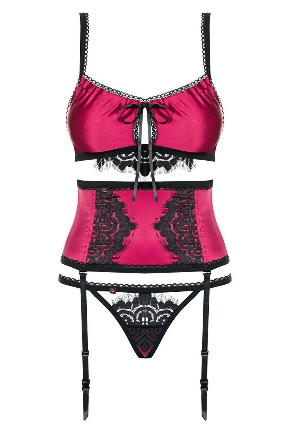 Комплект атласний з поясом для панчох Obsessive 861-SEG-5 бордовий, L/XL