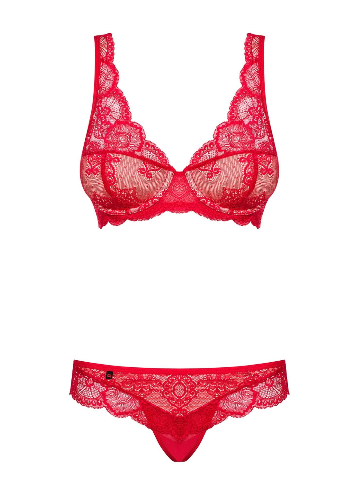 Комплект красного кружевного белья Obsessive 853-SET-3 с бежевыми вставками, S/M