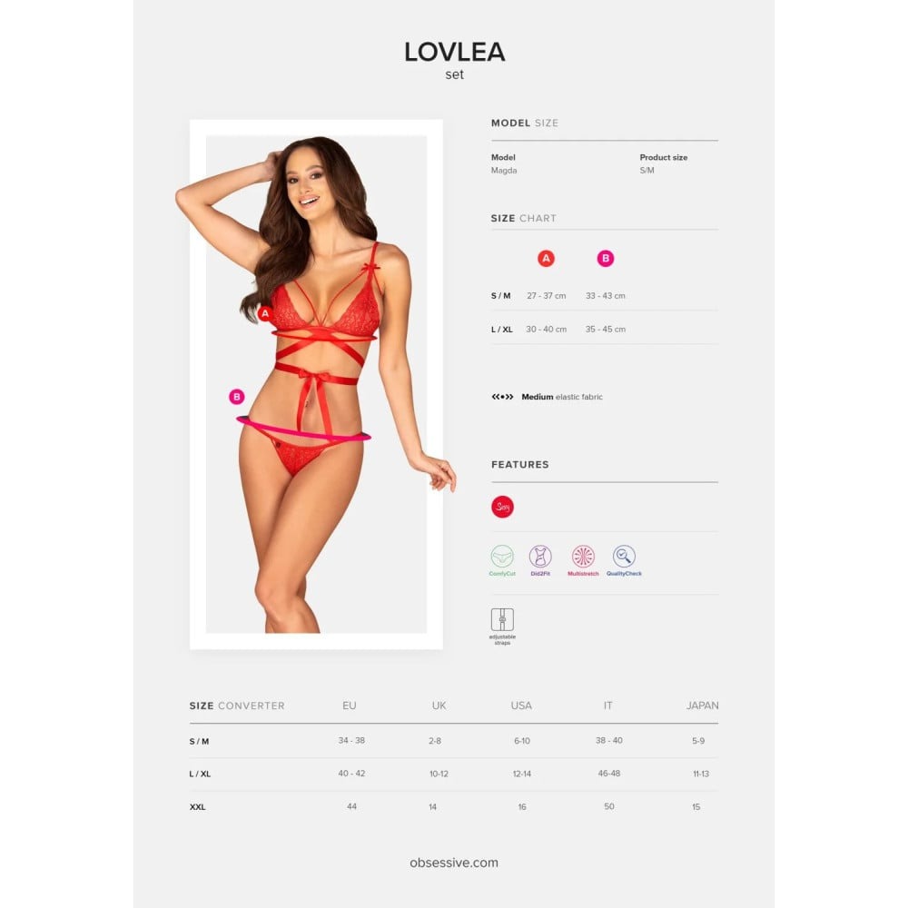 Комплект мереживний Obsessive Lovlea зі стрічками, червоний, L/XL