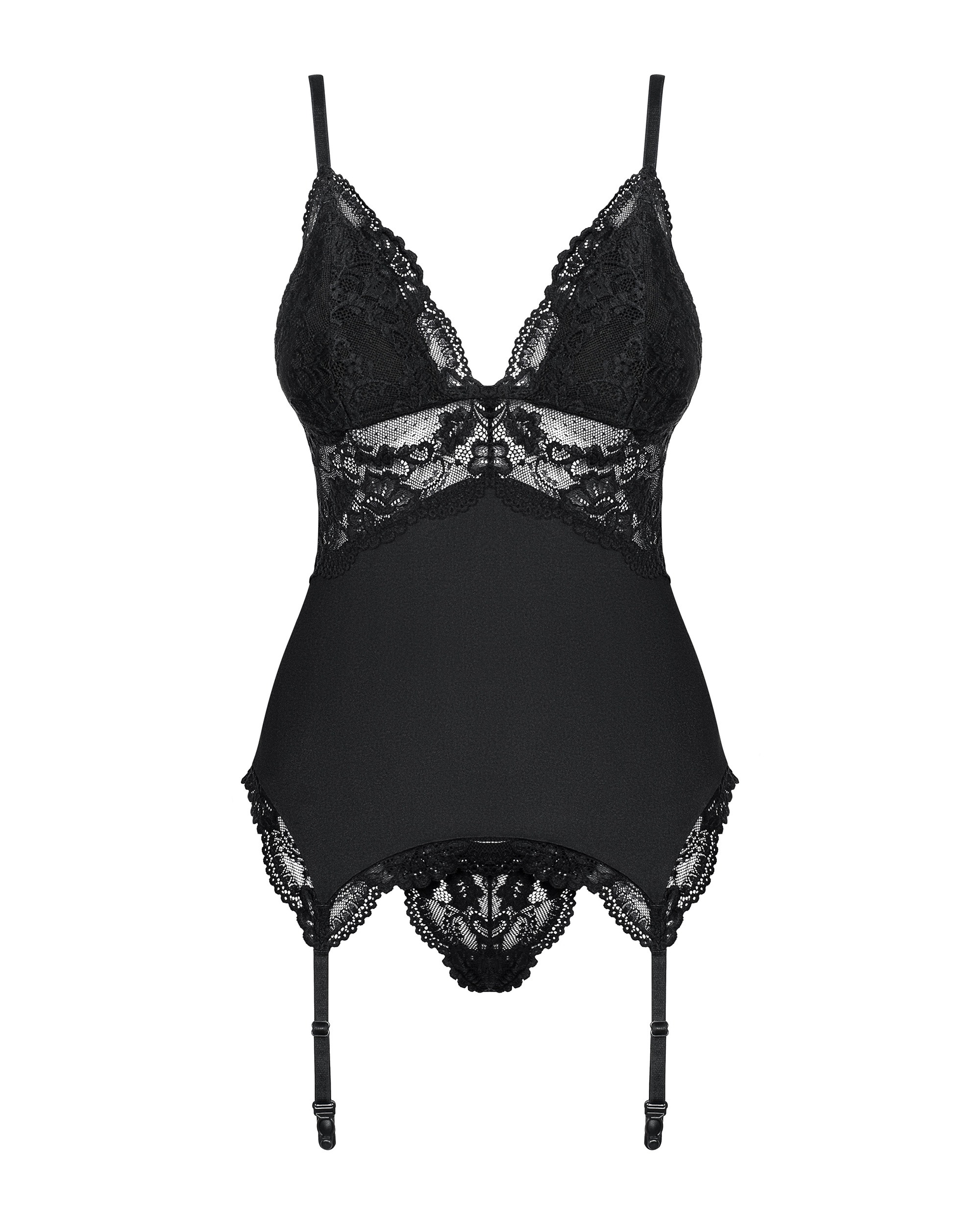 Корсет Obsessive 810-COR-1 с кружевом и пажами для чулок, черный, S/M