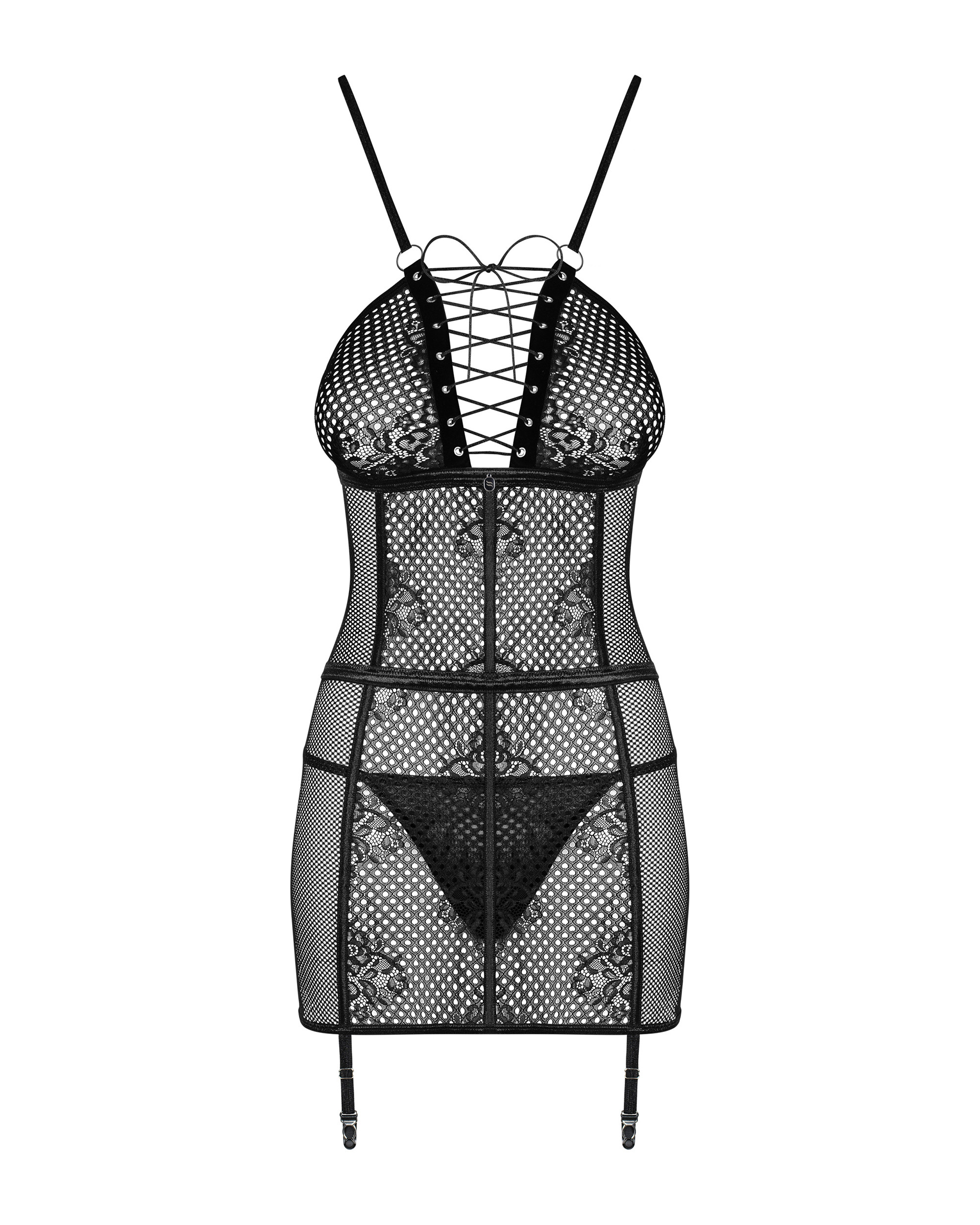 Сорочка в сіточку Obsessive Basitta зі шнурівкою, чорний, S/M