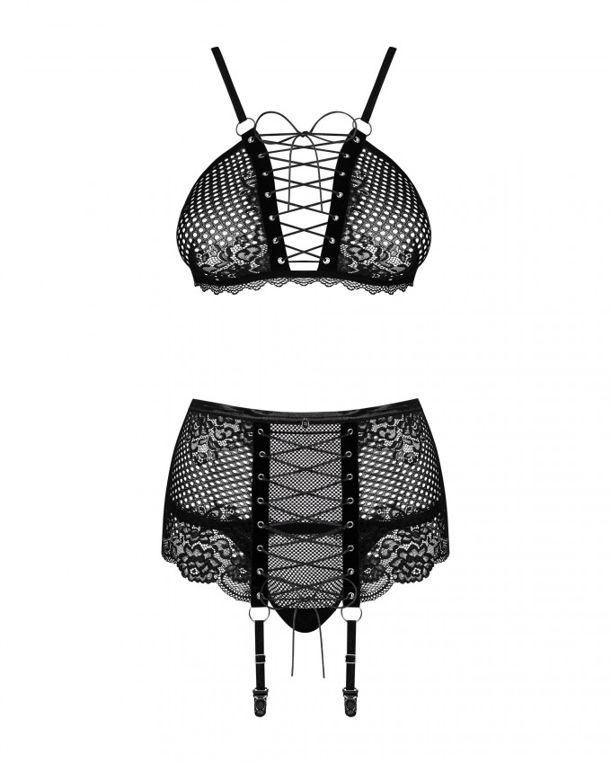 Комплект со шнуровкой и поясом для чулок Obsessive Basitta, черный, L/XL