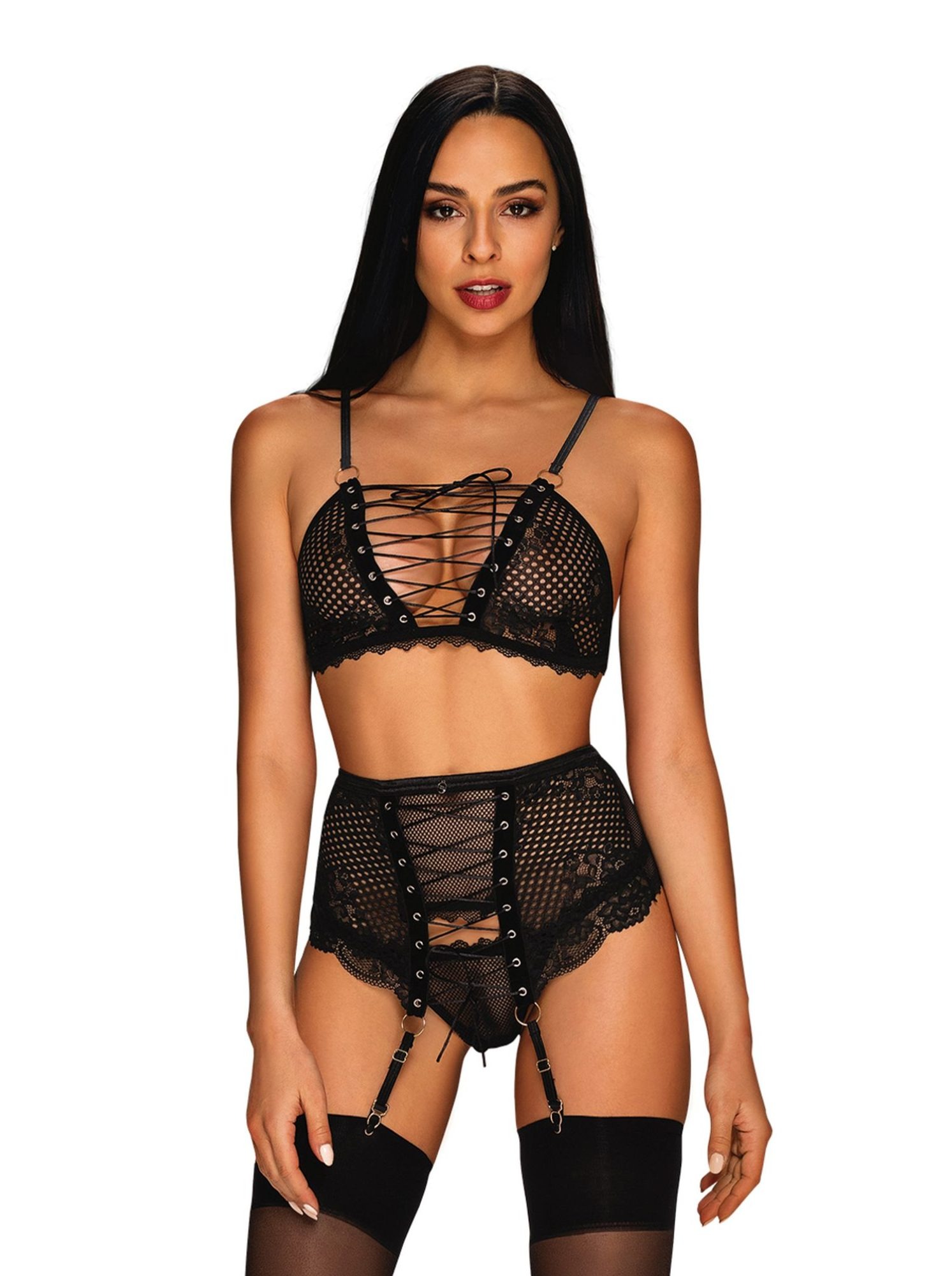 Комплект со шнуровкой и поясом для чулок Obsessive Basitta, черный, L/XL