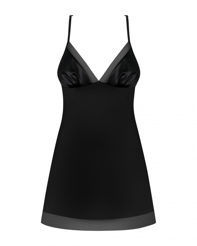 Сорочка атласная черная Obsessive Alifini с декоративными крыльями, L/XL