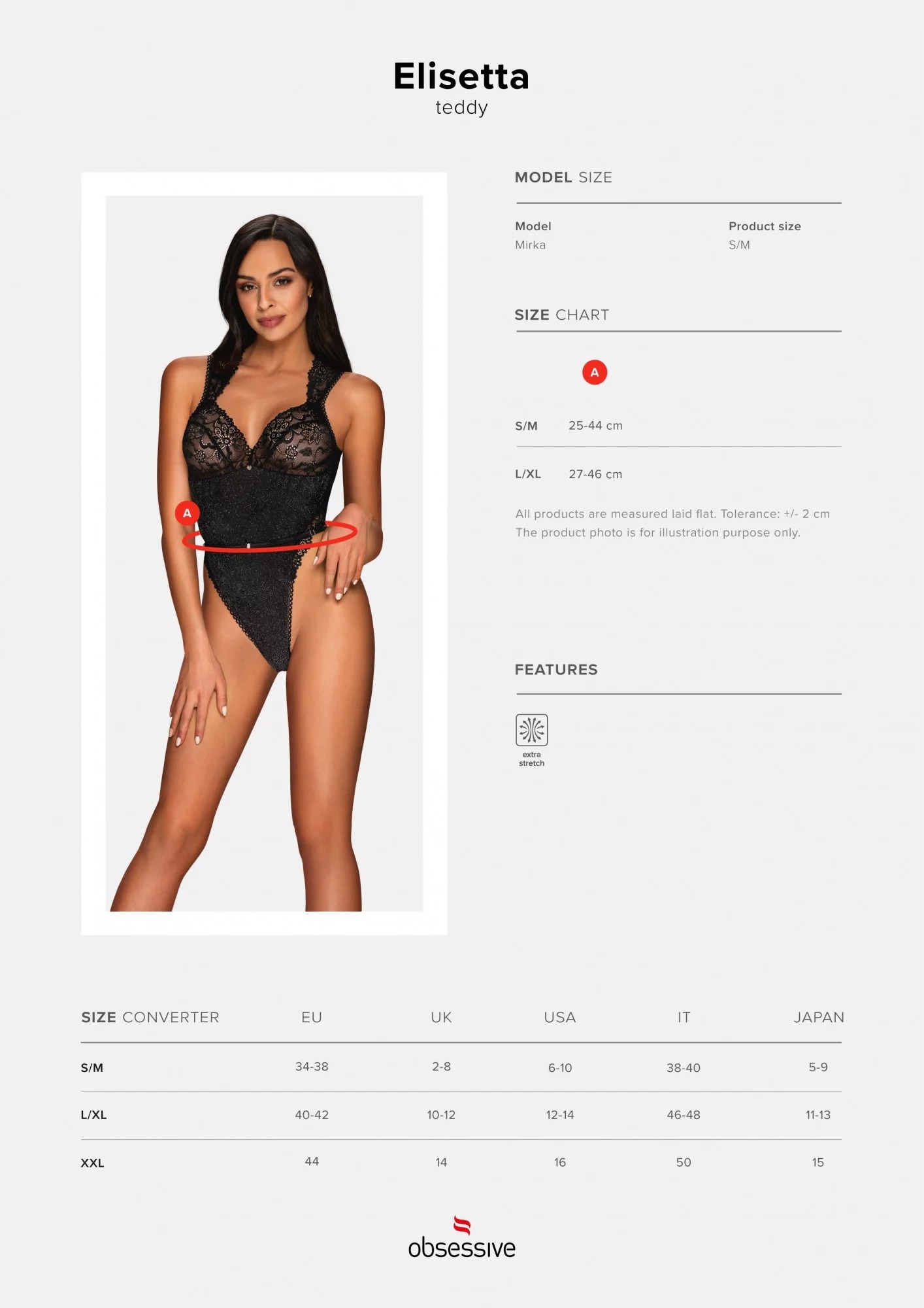 Элегантное сексуальное боди Obsessive Elisetta черное, L/XL
