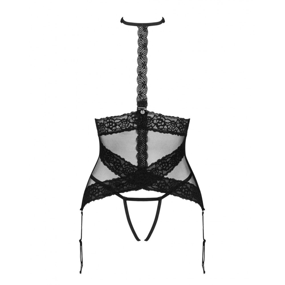 Корсет з ажурними вставками та відкритими грудьми Obsessive Lacrisia чорний, XS/S