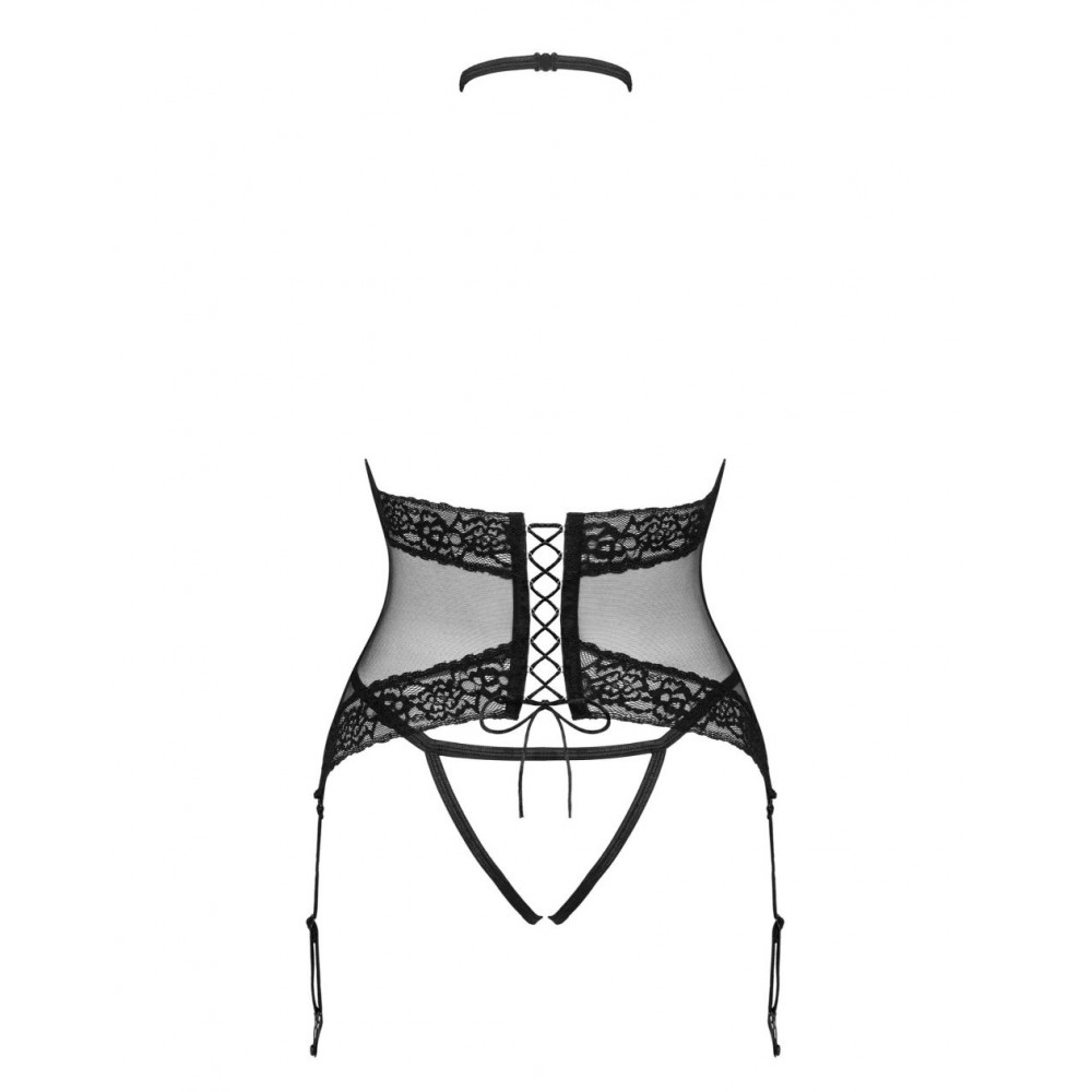 Корсет з мереживом Obsessive Lacrisia з пажами для панчіх, чорний, M/L