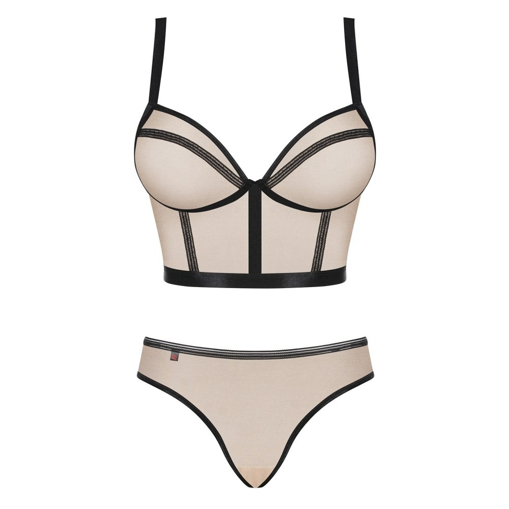 Комплект Obsessive Nudelia бюстьє з трусиками, бежевий з чорним, S/M