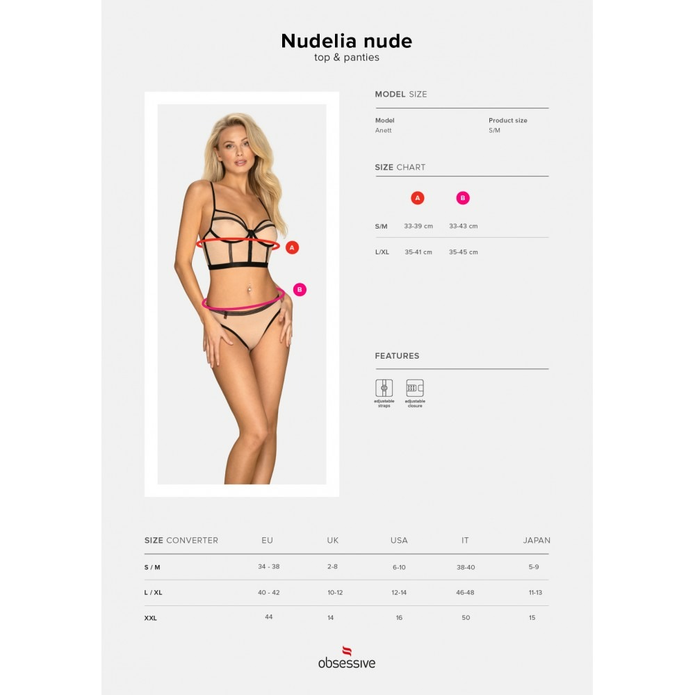 Комплект Obsessive Nudelia бюстьє з трусиками, бежевий з чорним, S/M
