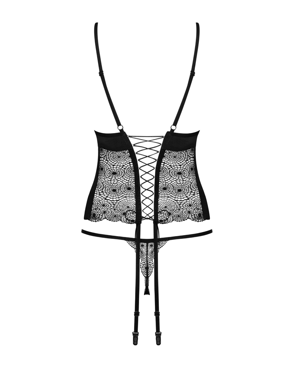Комплект Obsessive Sharlotte корсет з пажами для панчох та трусики стрінги, чорний, S/M