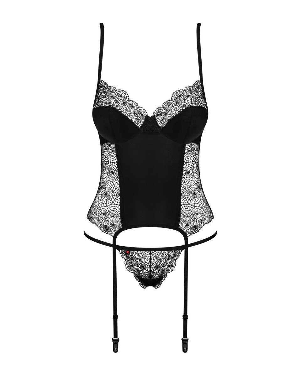 Комплект Obsessive Sharlotte корсет з пажами для панчох та трусики стрінги, чорний, S/M