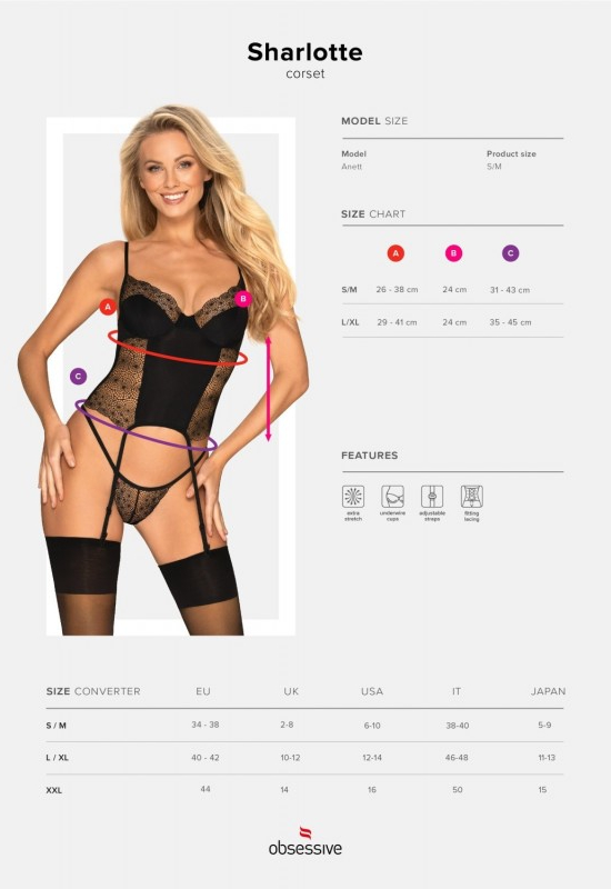 Комплект Obsessive Sharlotte корсет з пажами для панчох та трусики стрінги, чорний, S/M