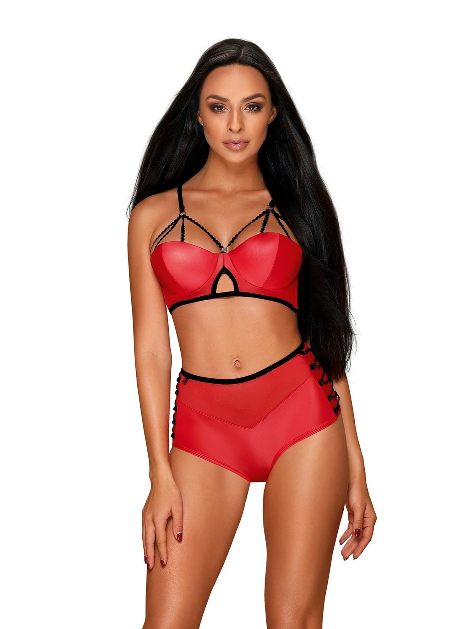 Комплект красный Obsessive Leatheria с контрастным черным кантом, S/M
