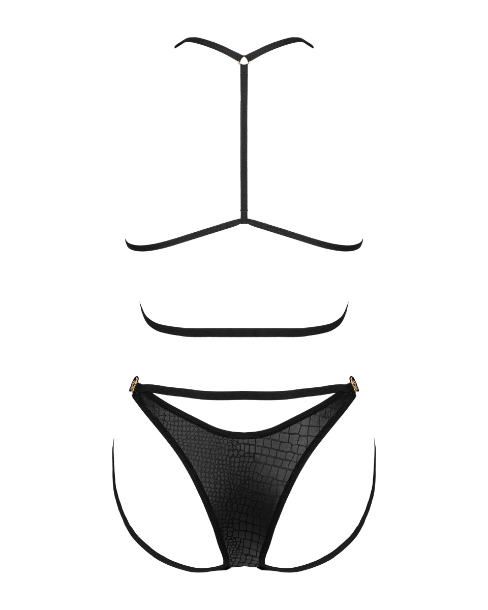 Комплект Obsessive Cobra Nive з імітацією зміїної шкіри, чорний, S/M