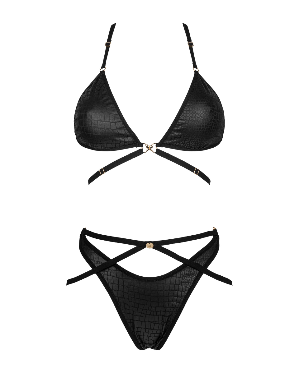 Комплект Obsessive Cobra Nive з імітацією зміїної шкіри, чорний, S/M