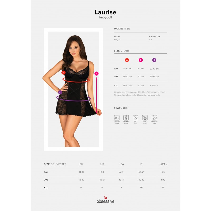 Комплект Obsessive Laurise пеньюар мереживний з трусиками, чорний, S/M