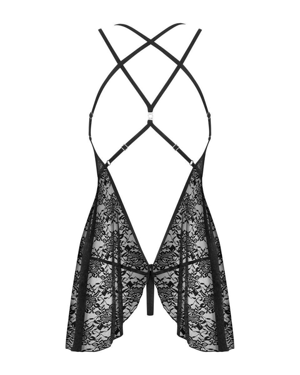 Комплект мереживний Obsessive 860-BAB-1 пеньюар та трусики стрінги, чорний, S/M